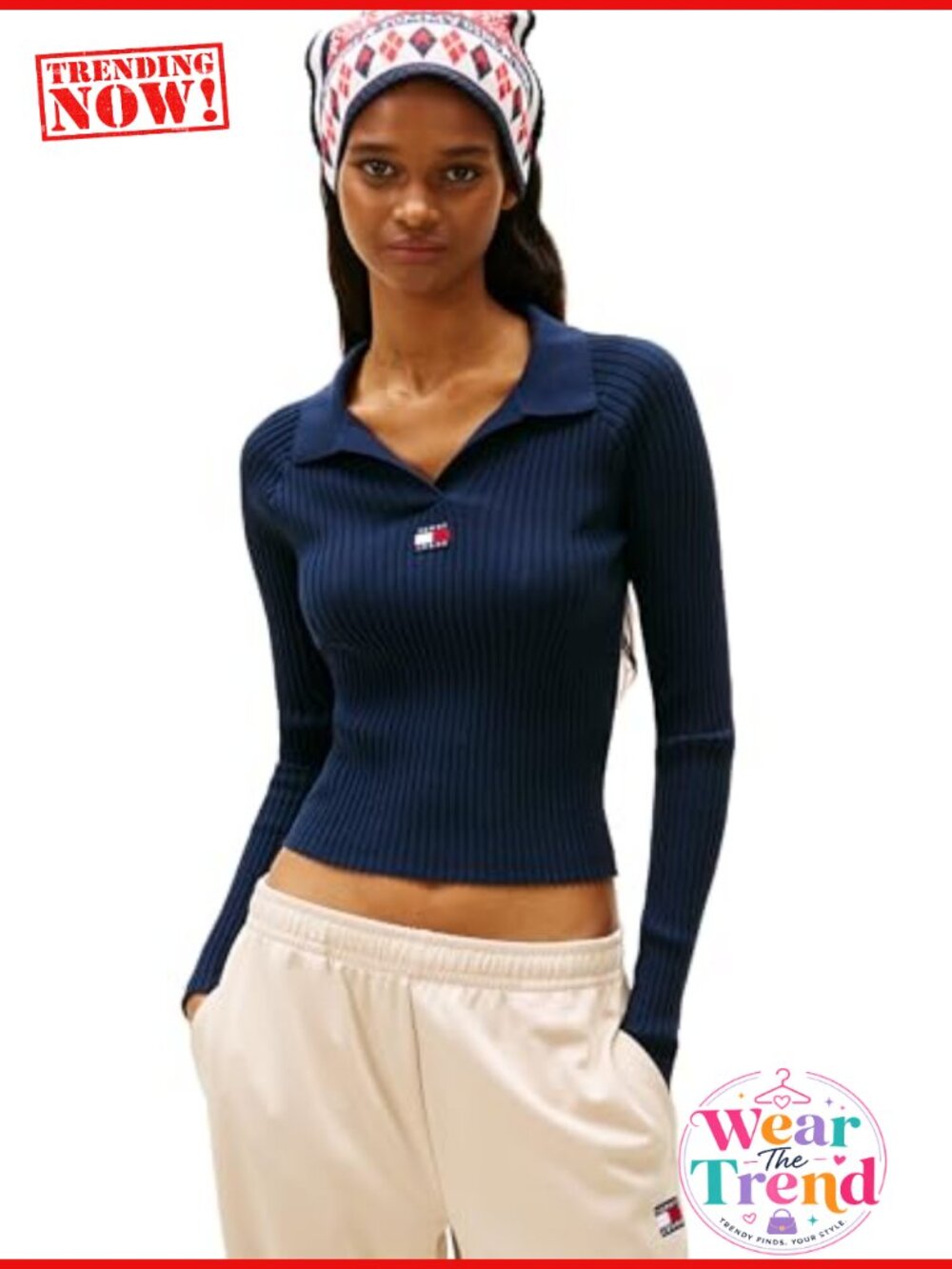 Ribbed Polo Sweater Embroidered Flag Logo Long Sleeve